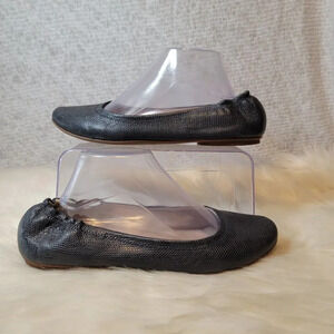 LL Bean Round Toe Ballet Flats 10M Black Gray Reptile Print Leather Slip On Shoe